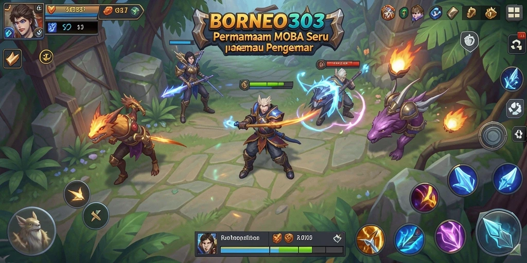 Tampilan seru gameplay BORNEO303 dengan aksi pertempuran MOBA.