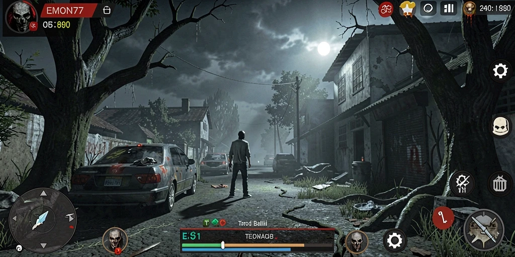 Screenshot gameplay EMON77 menampilkan suasana menyeramkan dan makhluk-makhluk menakutkan.