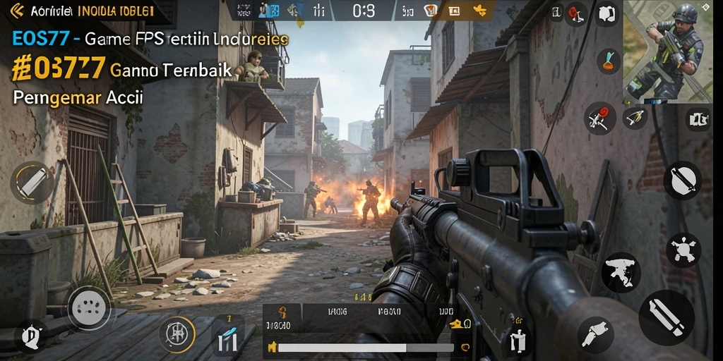 Screenshot gameplay intens dari EOS77 menampilkan aksi FPS yang mendebarkan.