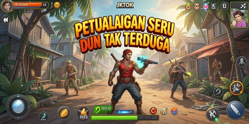 Screenshot menunjukkan karakter dalam petualangan dengan latar belakang indah.