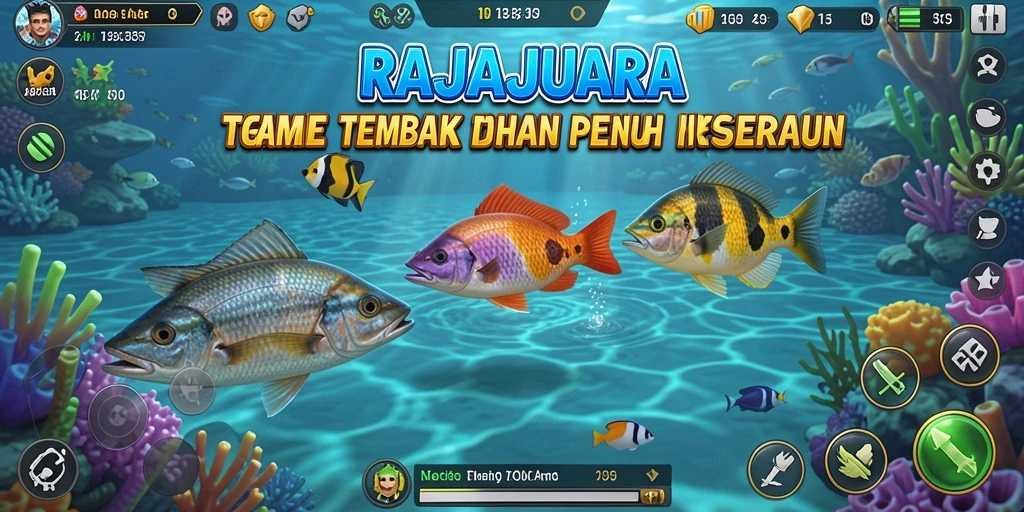 Tampilan permainan seru di RAJAJUARA dengan banyak ikan yang bisa ditangkap.